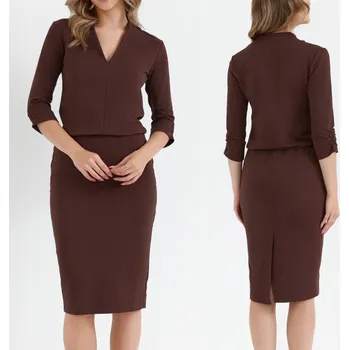 Dámské šaty MÓDNÍ ELEGANTNÍ HNĚDÉ ŠATY DO PRÁCE VELIKOST 40 L