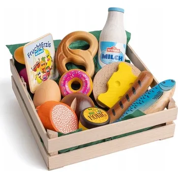 Dřevěná hračka XL Sada potravin v bedýnce Erzi