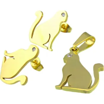 Souprava šperků Náušnice a přívěsek s motivem kočky ve zlaté barvě, náušnice E: 19x18mm, přívěsek P: 24x18mm.