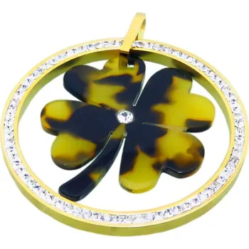 Přívěsek Přívěsek ve tvaru čtyřlístku s krystaly, průměr 44 mm, hmotnost 10 g, zlatá barva.