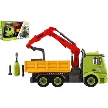 autíčko Auto stavební šroubovací plast 31cm s ramenem na setrvačník na bat. se zvukem se světlem v krabi