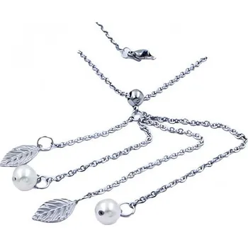 Řetízek Náhrdelník s perličkami a listy, délka 600 mm, přívěsek 15x8 mm a 8x8 mm, stříbrná barva.