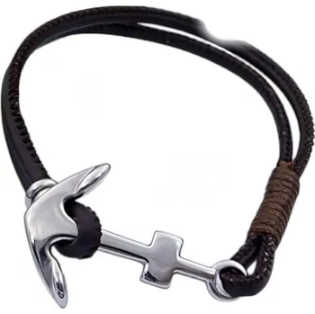 Náramek Náramek s kotvou a křížem, hnědá barva, délka 210 mm, šířka 3 mm, rozměr přívěsku 38 x 25 mm.