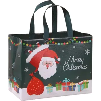 Dárková taška Tmavě zelená vánoční dárková taška s motivem Santa Clause a vánočních ozdob z netkané textilie Opakovaně použitelná ekologická taška na dárky