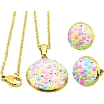 Souprava šperků Náhrdelník a náušnice s barevnými kamínky a perleťovým efektem, přívěsek, náhrdelník 45 cm, přívěsek 20 mm, náušnice 14 mm