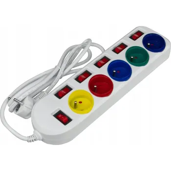 Napájecí kabel Prodlužovací Kabel 5 zásuvek s vypínačem uzemněním bílý 5x barevný vypínač