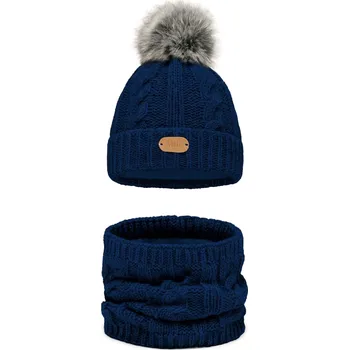 Čepice Tmavě modrá teplá souprava – čepice a nákrčník s fleecem