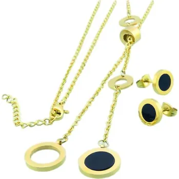 Souprava šperků Ocelový set s náhrdelníkem a náušnicemi, černé a zlaté detaily, náhrdelník 450x2 mm, náušnice 10 mm, průměr přívěsku 14 mm.