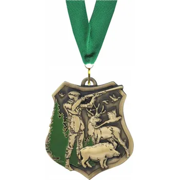 Lovecká medaile s popisem a stužkou medaile 7,2 x 6,4 cm MYSLIVOST, LOV, ZBRAŇ