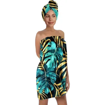 Velforia Dámský saunový ručník s turbanem – tyrkysové listy se zlatem