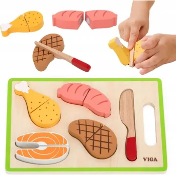 Dřevěná hračka DŘEVĚNÁ SADA NA KRÁJENÍ MASA DO KUCHYNĚ OBĚD PRKÉNKO BEZPEČNÝ NŮŽ VIGA