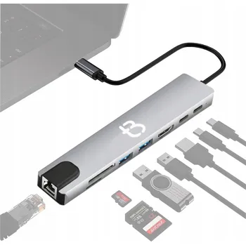 USB hub HUB 8v1 Adaptér RJ45 100Mb/s Ethernet LAN HDMI 4K USB 3.0 Windows Mac Steam