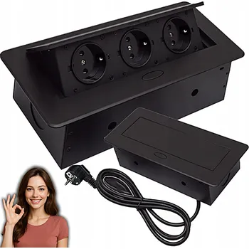 Elektrická zásuvka TROJITÁ ZÁSUVKA ZAPUŠTĚNÁ V DESCE VYSOUVACÍ ČERNÁ LIŠTA ZÁSUVEK