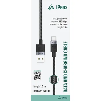 Datový kabel iPEAX TEXTILNÍ KABEL USB-A / USB-C 1,5M, USB 2.0 ČERNÝ