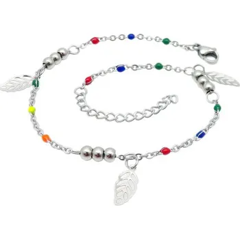 Náramek Ocelový řetízek s listy a barevnými korálky, délka 220 mm, šířka 2 mm, váha 3 g.