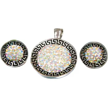 Souprava šperků Ocelový set s přívěskem a náušnicemi se zirkony, elegantní design, stříbrná barva, průměr přívěsku 3 cm, průměr náušnic 1,5 cm.