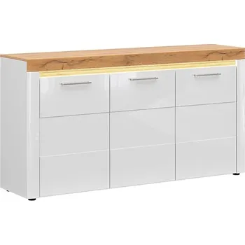 Komoda Velká třídveřová komoda s osvětlením do obývacího pokoje Horton - Black Red White - BRW Bílá / Dub Zlatý Grandson / Bílý Lesk 170x90 cm