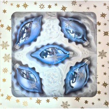 Vánoční dekorace Vánoční skleněné olivy, světle modré, lesk, dekor hvězd, 5ks