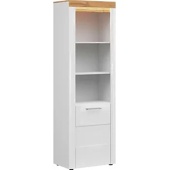 regál Vysoký regál s policemi a skříňkou do obývacího pokoje Horton - Black Red White - BRW Bílá / Dub Zlatý Grandson / Bílý Lesk 68x205 cm