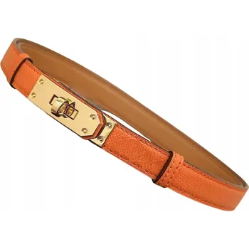 Opasek Kožený opasek oranžový, úzký, nastavitelný, zlatá spona, dámský, do pasu