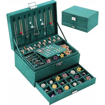 Šperkovnice KUFŘÍK ŠPERKOVNICE NA BIŽUTERII KRABIČKA ORGANIZÉR ELEGANTNÍ PROSTORNÁ ZELENÁ