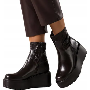 Dámská zimní obuv KOTNÍKOVÉ BOTY Čokoládové Dámské POHODLNÉ Na Koturně Elastický Svršek vel. 40