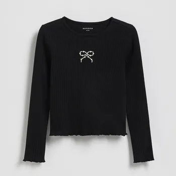 Dětská móda Reserved - Žebrované tričko s aplikací - černý - 381FT-99X - 381FT-99X-116