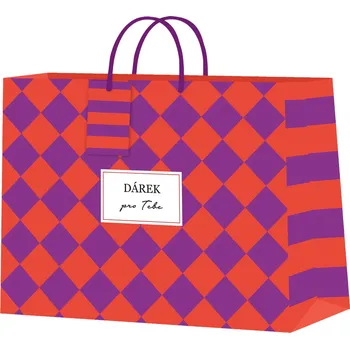 Party dekorace Dárková taška horizontální malá - Fialovo-oranžová šachovnice (22,9 × 9,8 × 17,8 cm)
