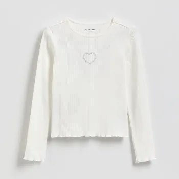 Dětská móda Reserved - Žebrované tričko s aplikací - krémová - 381FT-01X - 381FT-01X-116