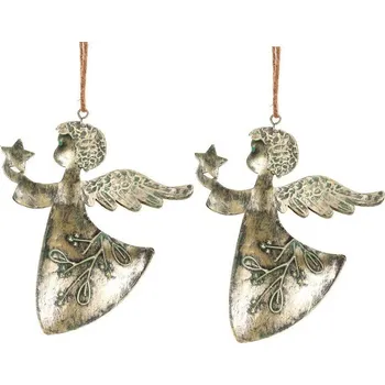Bytová dekorace Závěsná vánoční dekorace Anděl 2 ks, kov, zlatá, 16 x 1 x 13 cm