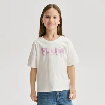 Dívčí tričko Reserved - Volné tričko s potiskem - krémová - 463FT-01X - 463FT-01X-122