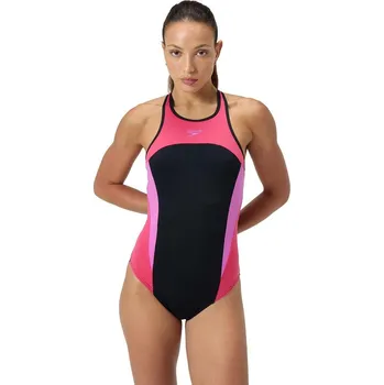 Dámské plavky SPEEDO Dámské jednodílné plavky Speedo High Neck Splice Cross Back L MODRÁ|RŮŽOVÁ