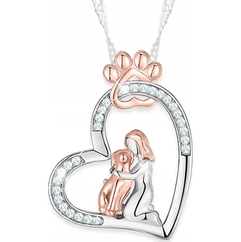Náhrdelník Stříbrný Náhrdelník Holčička s Pejskem Srdce Psí Tlapka Zirkony STŘÍBRO 925