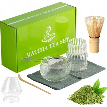 Dárková sada na matcha čaj: šálek, metlička, podložka, lžička, modrá