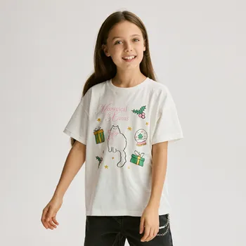 Dívčí oblečení Reserved - Vánoční tričko s potiskem - krémová - 488FT-01X - 488FT-01X-U15