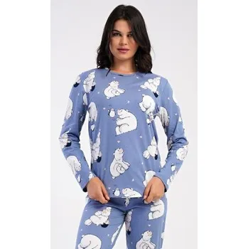 Dámské pyžamo Dámské pyžamo dlouhé Vienetta Secret Tučňák a méďa modrošedá M