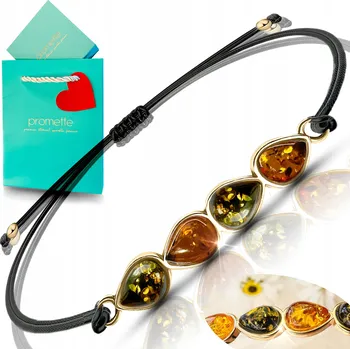 Náramek Náramek se zeleným jantarem, pozlacený na provázku, dámský stříbro