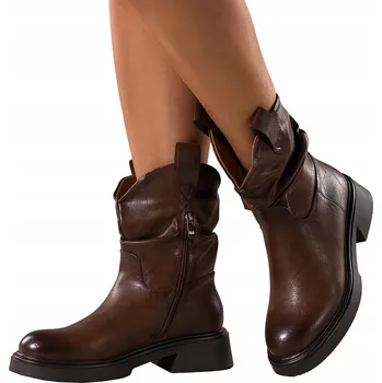 Dámská obuv KOTNÍKOVÉ BOTY Hnědé Dámské POHODLNÉ Nízký Klocek Nařasený Svršek MODNE vel. 38