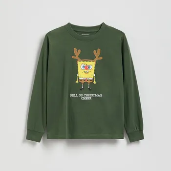 Chlapecké tričko Reserved - Dlouhý rukáv SpongeBob - tmavě zelená - 765IK-79X - 765IK-79X-158