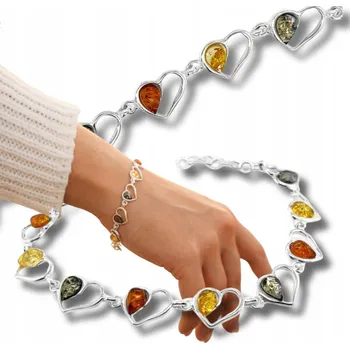 Náramek Bransoletka srebrna z bursztynem bałtyckim stříbro 925 srdce barevné