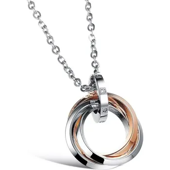 Náhrdelník Ocelový přívěsek tři kroužky se zirkony Bicolor Růžový - Model BEZ ŘETÍZKU (pouze přívěsek)