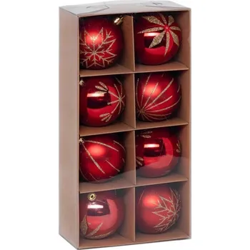 Vánoční dekorace VÁNOČNÍ BAŇKY ČERVENÉ OZDOBY NA VÁNOČNÍ STROMEČEK PRŮMĚR 8 CM ZLATÝ VZOR 8 KS SADA