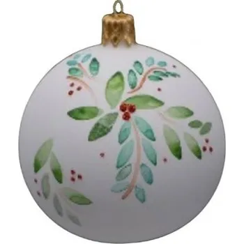 Vánoční ozdoba Kulatá ozdoba, motiv větvičky s bobulemi, skleněná, průměr 7 cm, bílý mat