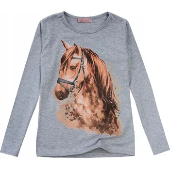 Dívčí tričko Dívčí halenka bavlna DLOUHÝ RUKÁV kůň šedá 152 T003E