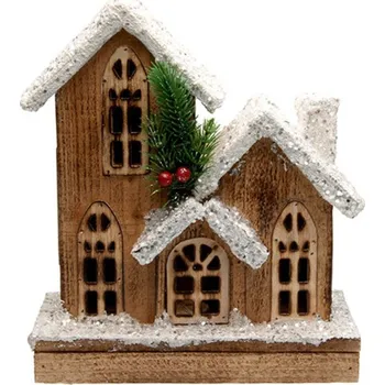 Vánoční dekorace SEIZIS Domek dřevěný zasněžený hnědý s LED, 25cm