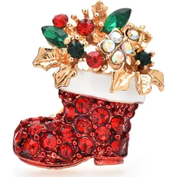 Brož B-TOP Vánoční brož ve tvaru boty se zlatými lístky a krystaly