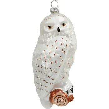 Vánoční ozdoba SEIZIS Sova skleněná bílo-stříbrná na větvi, 13cm
