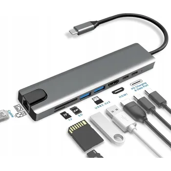 USB hub 8v1 ADAPTÉROVÝ HUB USB-C 3.0 HDMI 4K RJ45 PD SD/TF