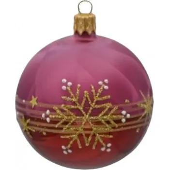 Vánoční ozdoba Kulatá ozdoba, motiv vločka s pruhy, skleněná, průměr 7 cm, malinový mrazolak