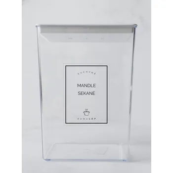 Speciální papír MANDLE SEKANÉ – průhledná samolepka na dózu, základní písmo, 6 x 8 cm | DomaLEP